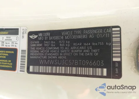 2011 Mini Cooper z USA, uszkodzony, nr VIN WMWSU3C57BT096603